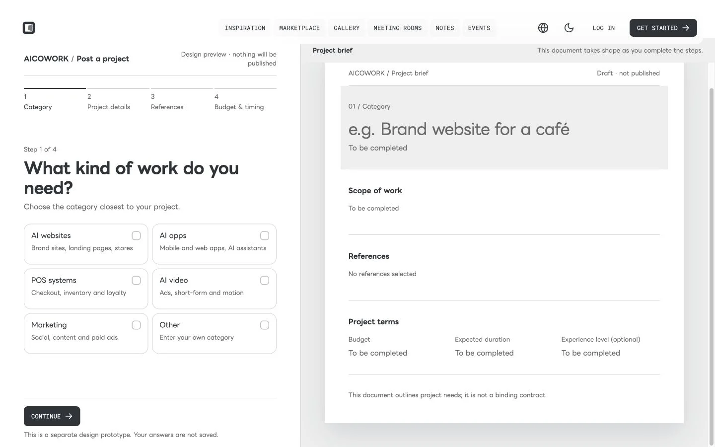 Aicowork's project brief interface, connecting creative references and project requirements
