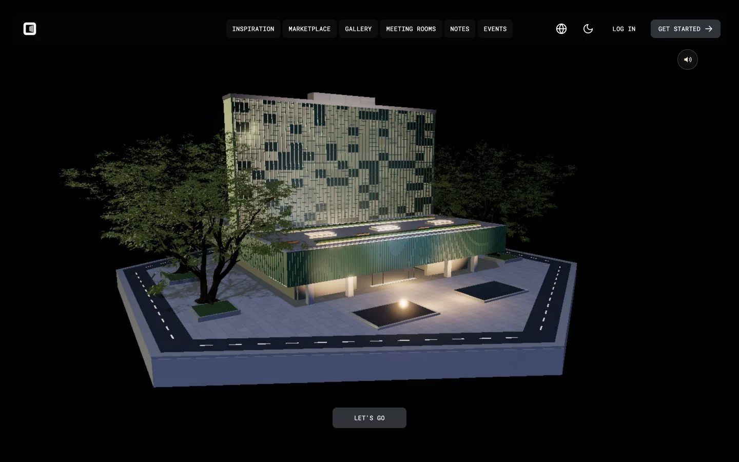 Aicowork's 3D website gallery prototype, viewed from outside the building