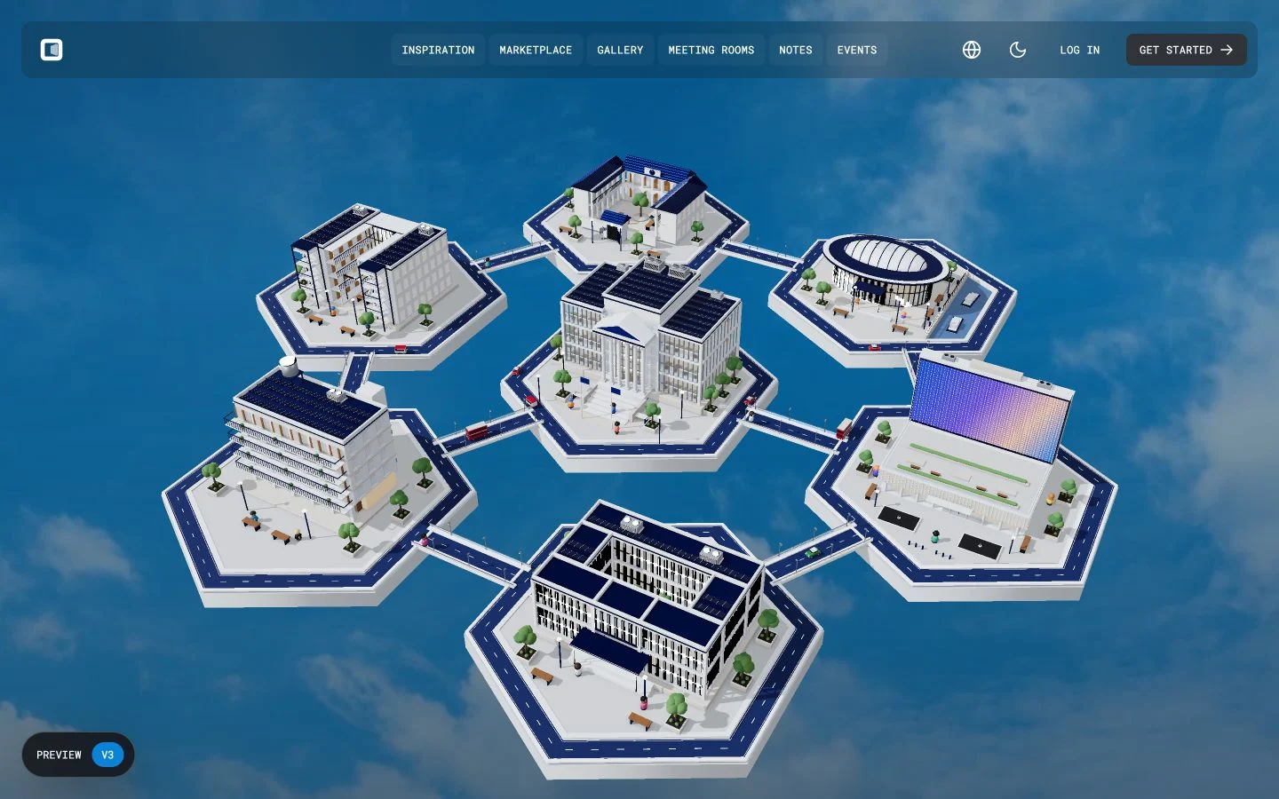 Aicowork's current interactive homepage city, connecting its creative spaces
