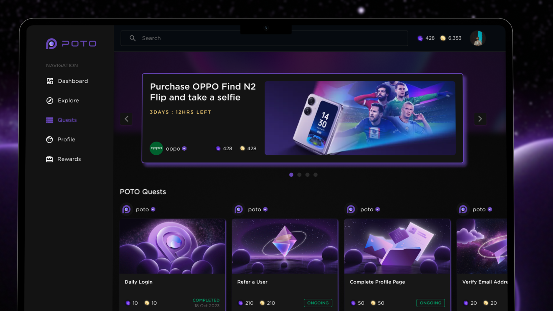 POTO desktop interface with a featured OPPO campaign, task illustrations, rewards and navigation