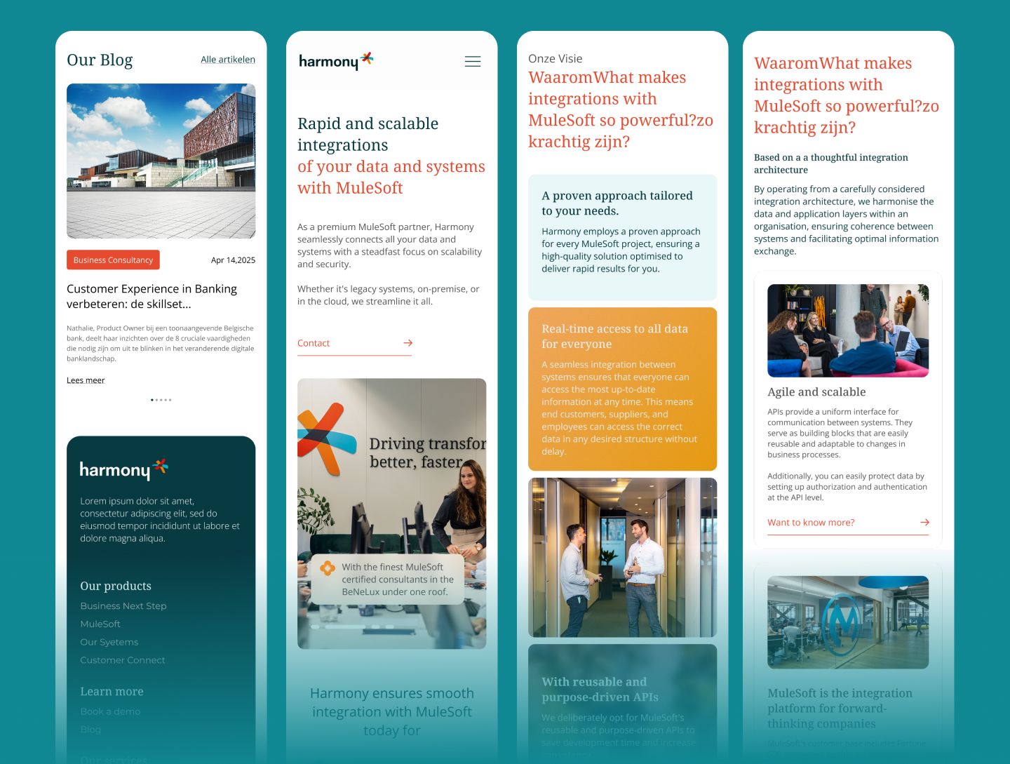 Harmony mobile blog layouts with article headlines, body copy, images and related stories