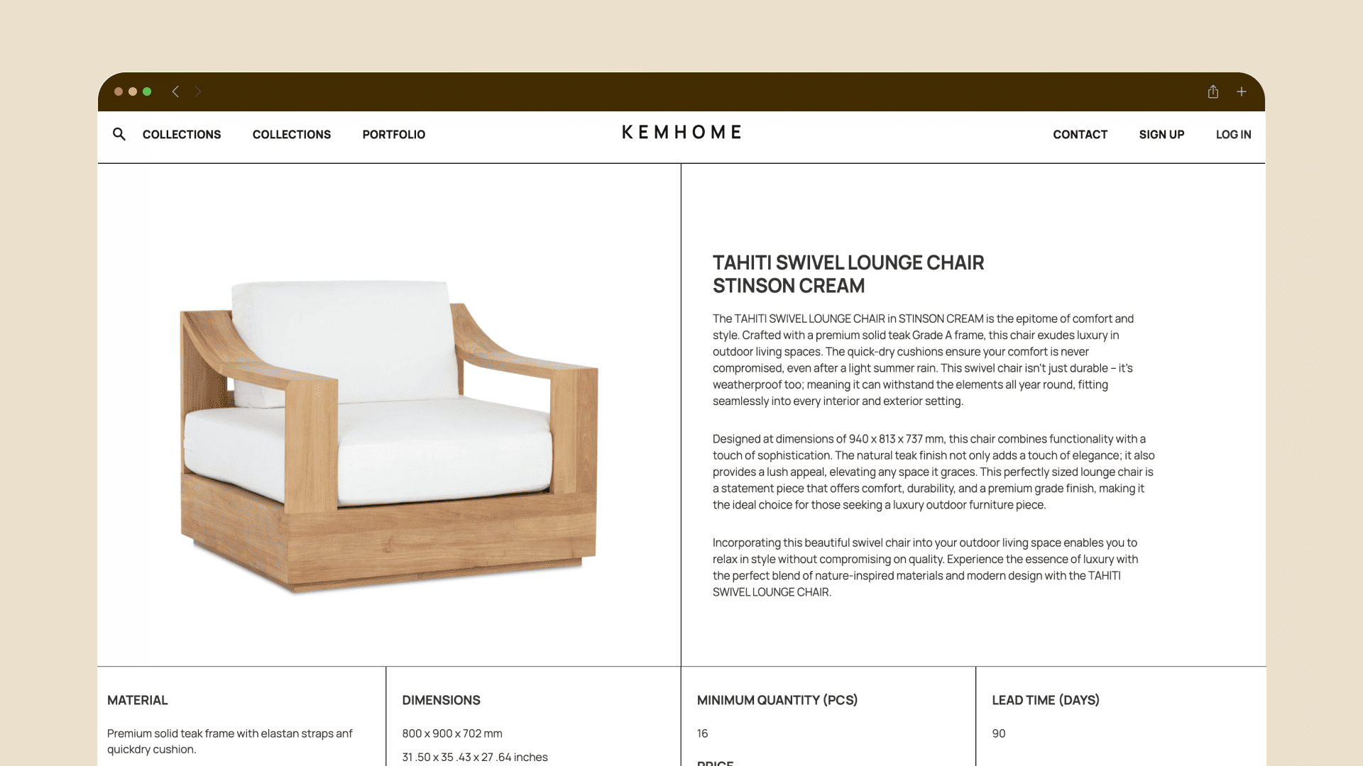 KEMHOME Tanti swivel lounge chair detail showing the chair, description, materials and dimensions