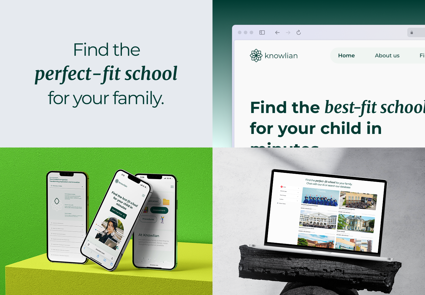 Knowlian brand presentation with school-finding message, desktop website and mobile screen