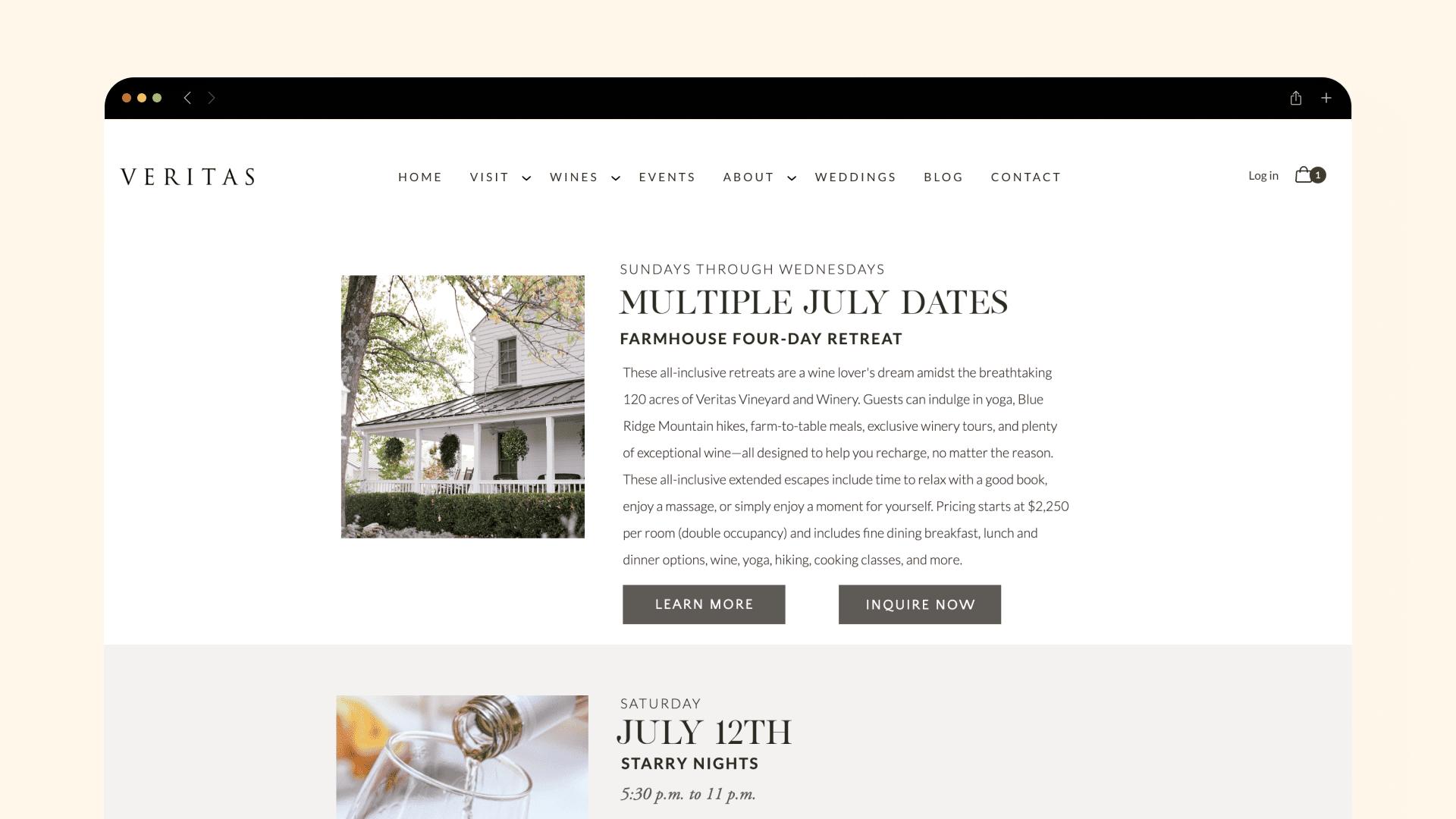 Veritas estate events page with event photography, dates and booking information