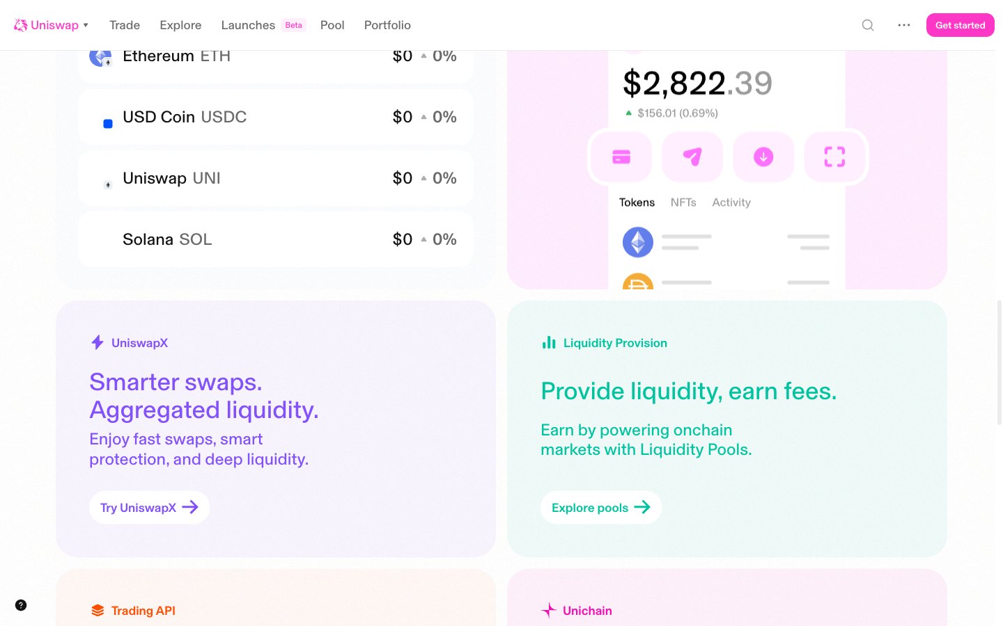 Product feature cards on the Uniswap homepage